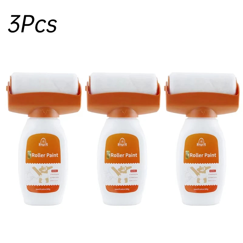 Three orange and white roller paints for wall repair and quick-dry latex paint.