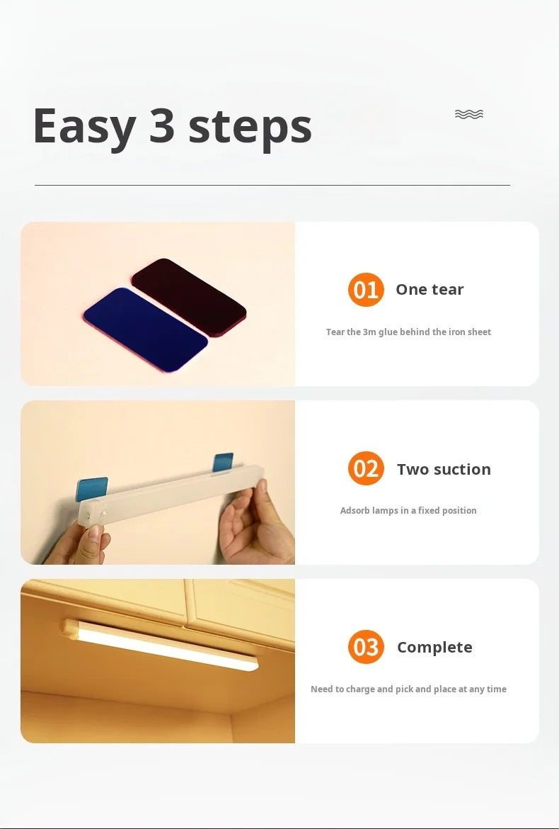 Three steps guide showing how to install a wireless motion sensor LED cabinet light.