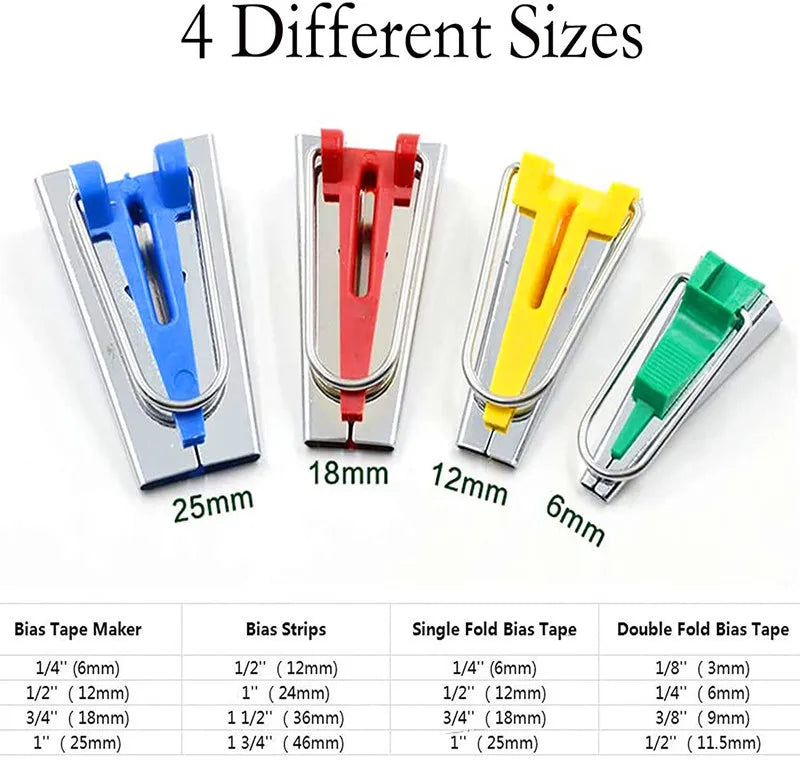 A set of four different sized bias tape makers shown in various colors and sizes, including 6mm, 12mm, 18mm, and 25mm.