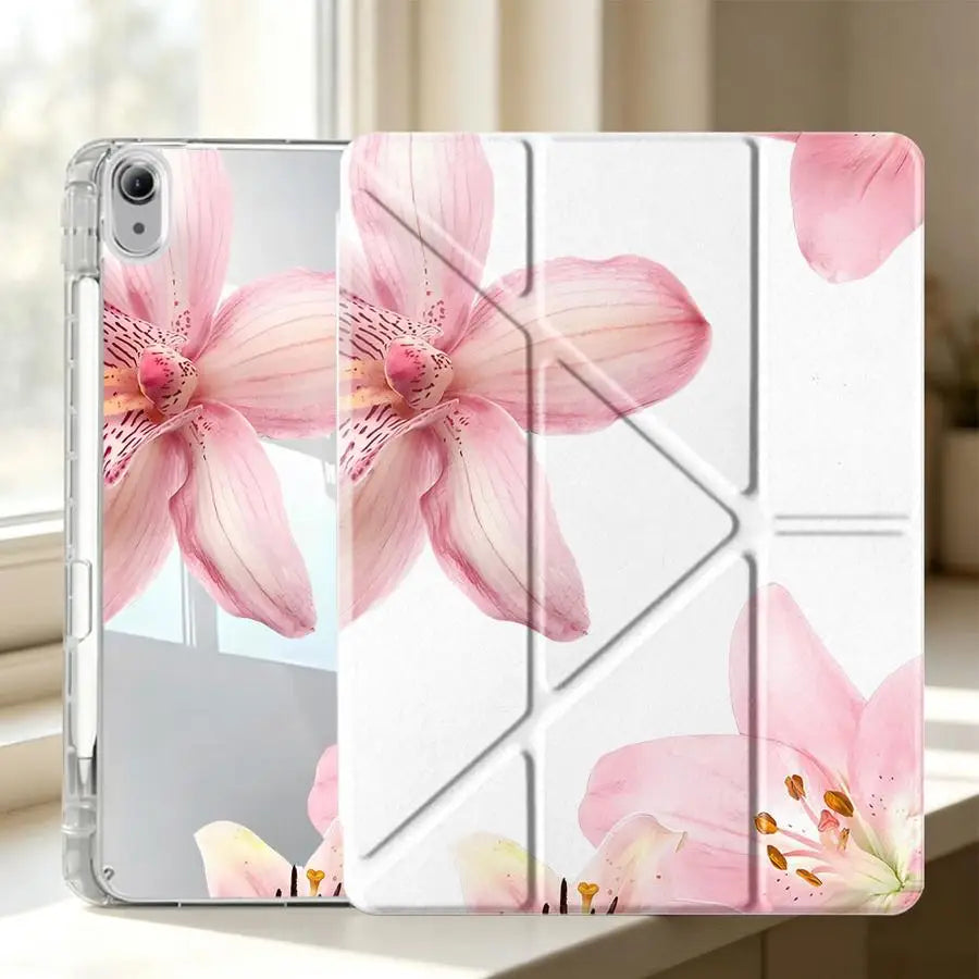 A pink lily flower tablet case featuring a floral design and a pen holder, shown next to a smartphone.
