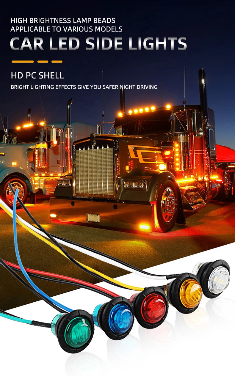 A close-up view of round LED side marker lights installed on a truck, showing various colors and wiring.