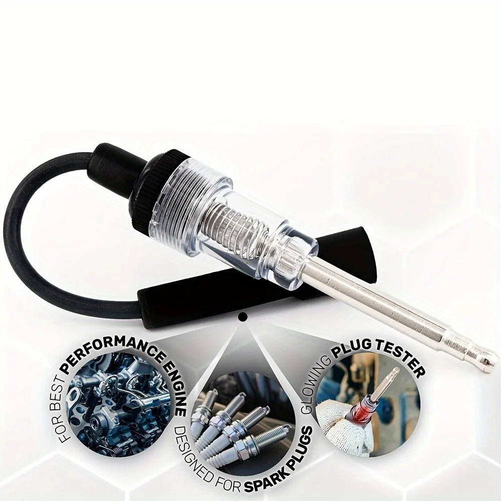 Automotive spark plug ignition tester with diagnostic gauge shown connected to a black handle and wire.