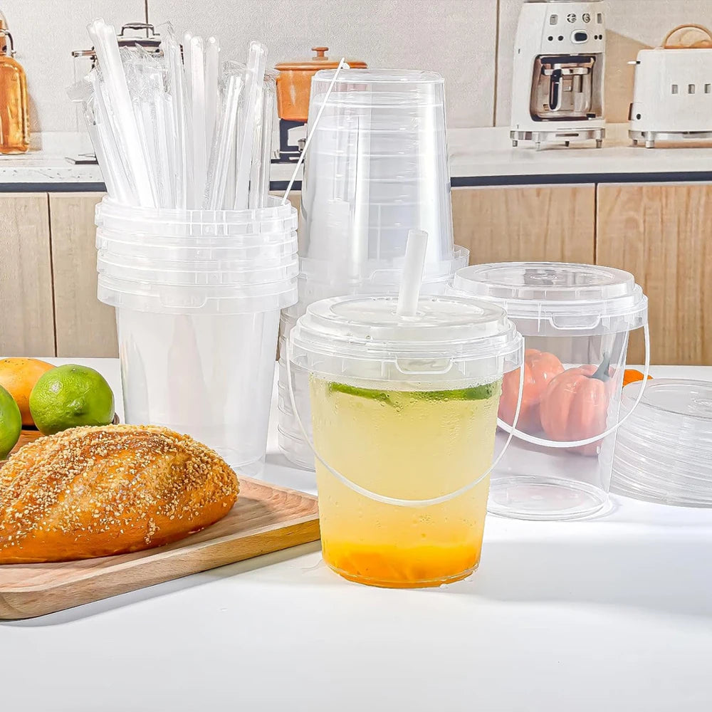 Disposable Plastic Cups with Lids and Straws for Iced Coffee, Smoothies, and Party Drinks