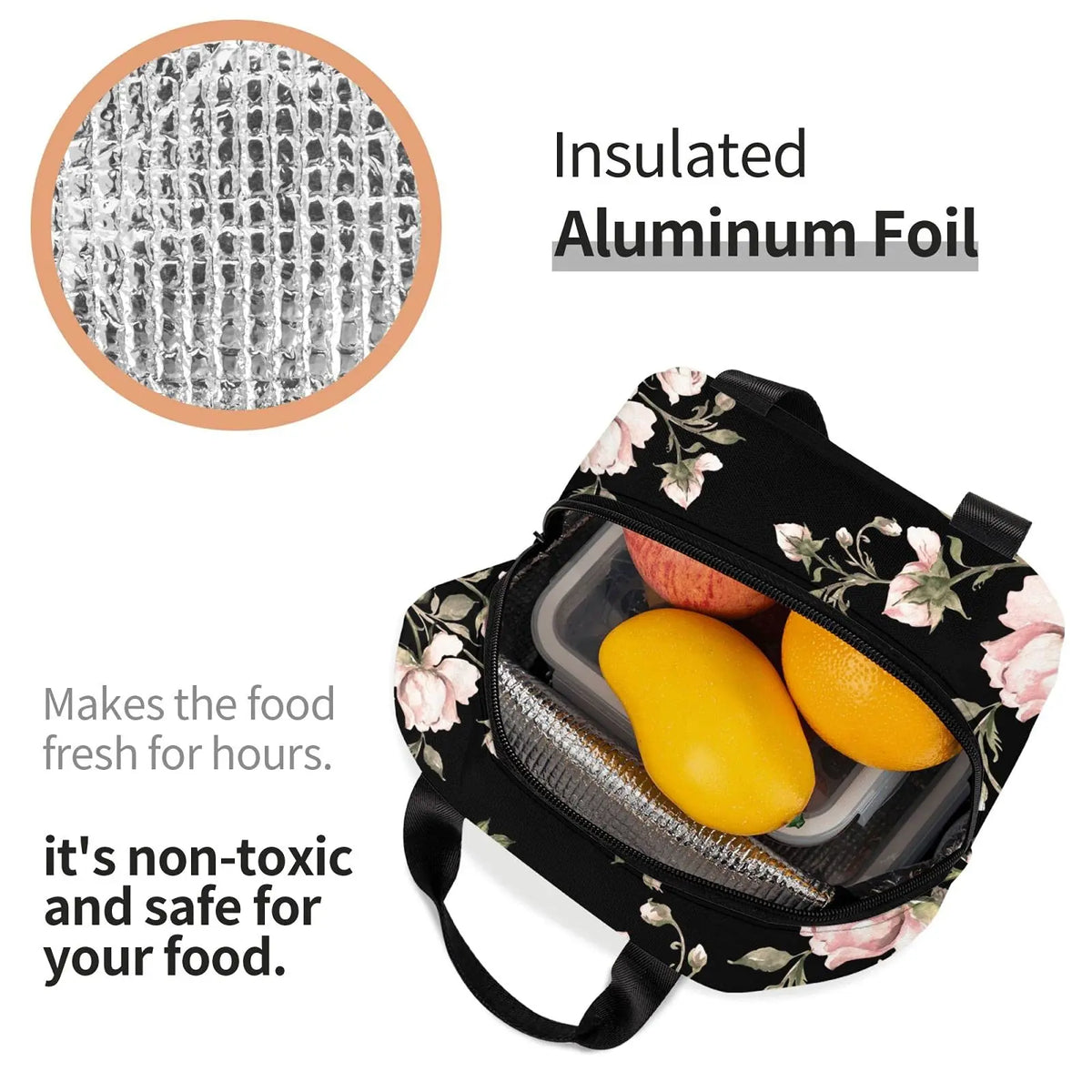 A black lunch bag with a floral pattern, featuring an insulated aluminum foil lining and holding fresh fruit.