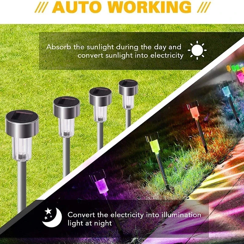 A set of four solar working garden lantern lights converting sunlight into electricity for nighttime illumination.