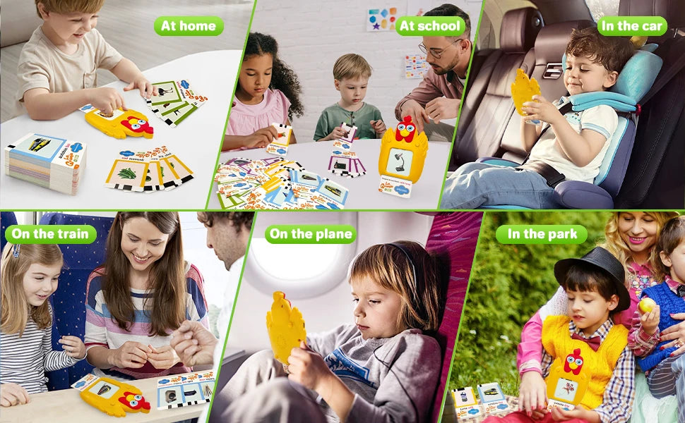 Children learning English and Spanish sight words using bilingual talking flash cards in various settings.
