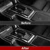 Before and after comparison of a car interior panel upgrade using carbon fiber vinyl wrap film.