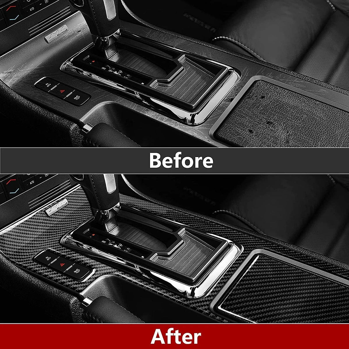 Before and after comparison of a car interior panel upgrade using carbon fiber vinyl wrap film.
