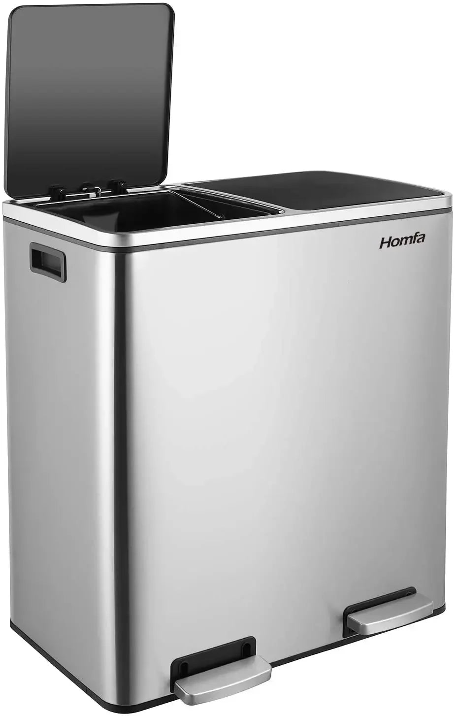 A stainless steel dual compartment recycling trash can with a soft-close lid.