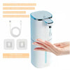 A white touchless automatic soap dispenser with a transparent tank and liquid volume display is shown next to hands.