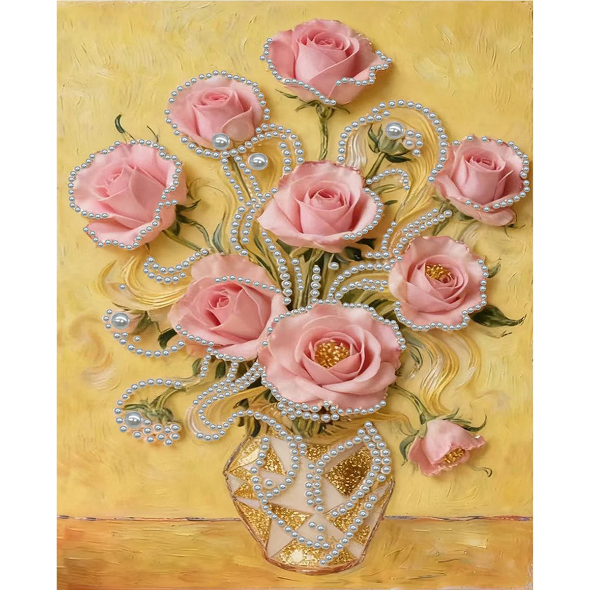 A painting of pink roses and greenery arranged in a glass vase, decorated with pearl strands.