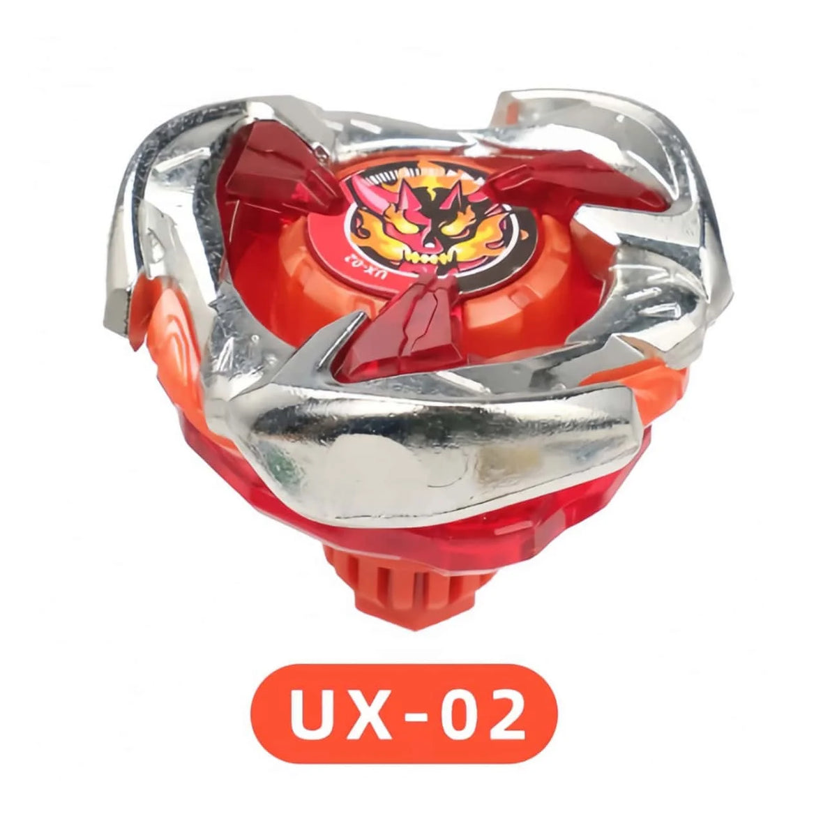 A silver and red metal spinning top toy with a launcher mechanism.