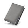 A gray slim vertical leather wallet for men with multiple card slots shown from above.