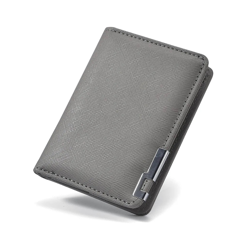 A gray slim vertical leather wallet for men with multiple card slots shown from above.