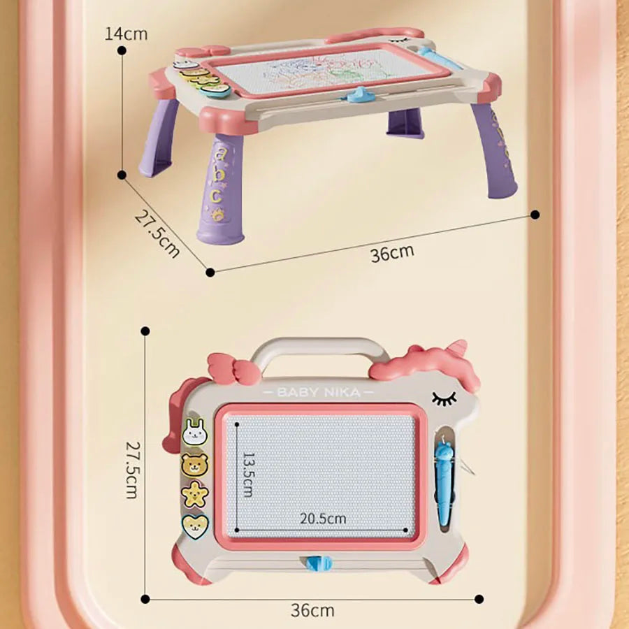 Rosa magnetisches Zeichenbrett für Kinder, das ein Holzspielzeug und eine rechteckige Zeichenfläche zeigt.