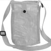 A gray breathable mesh crossbody water bottle carrier with adjustable straps.