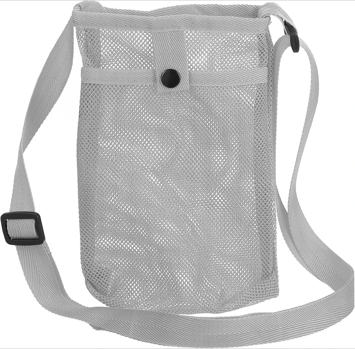 A gray breathable mesh crossbody water bottle carrier with adjustable straps.