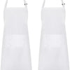 A pair of white adjustable kitchen aprons with pockets shown side by side.