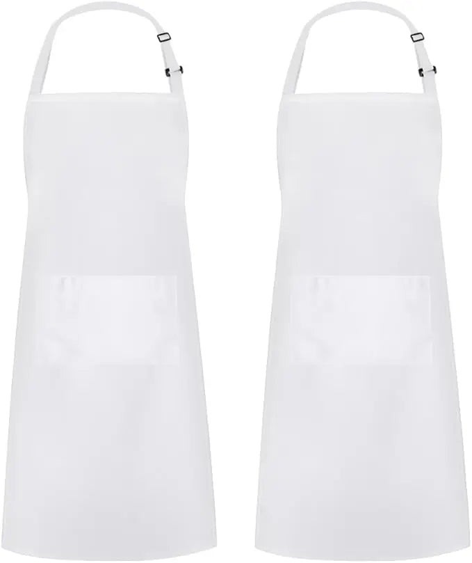 A pair of white adjustable kitchen aprons with pockets shown side by side.