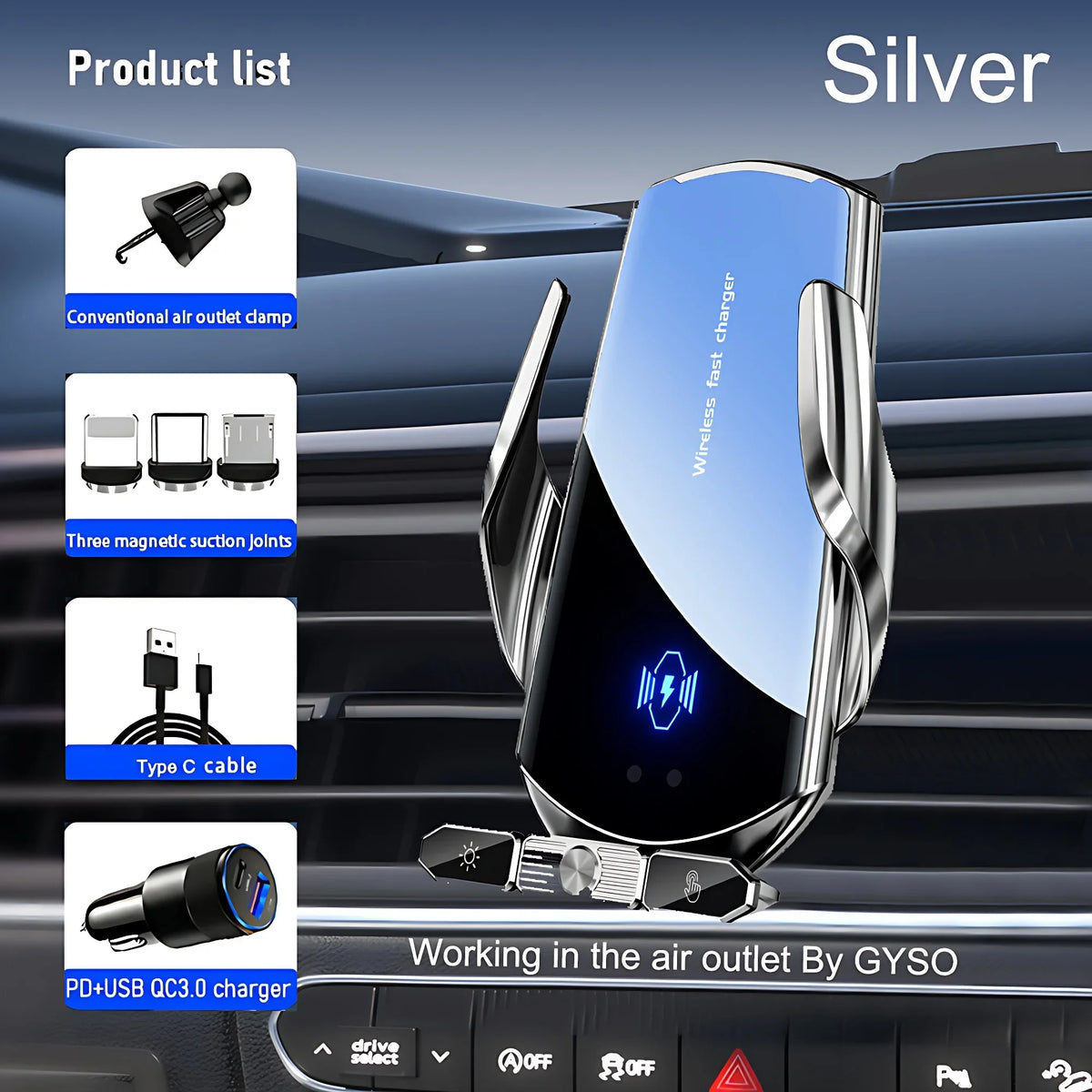 150W Magnetic Wireless Car Charger Mount with Auto-Clamping Cradle