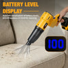 A yellow cordless cleaning tool with a digital battery level display showing 100% on a beige sofa.