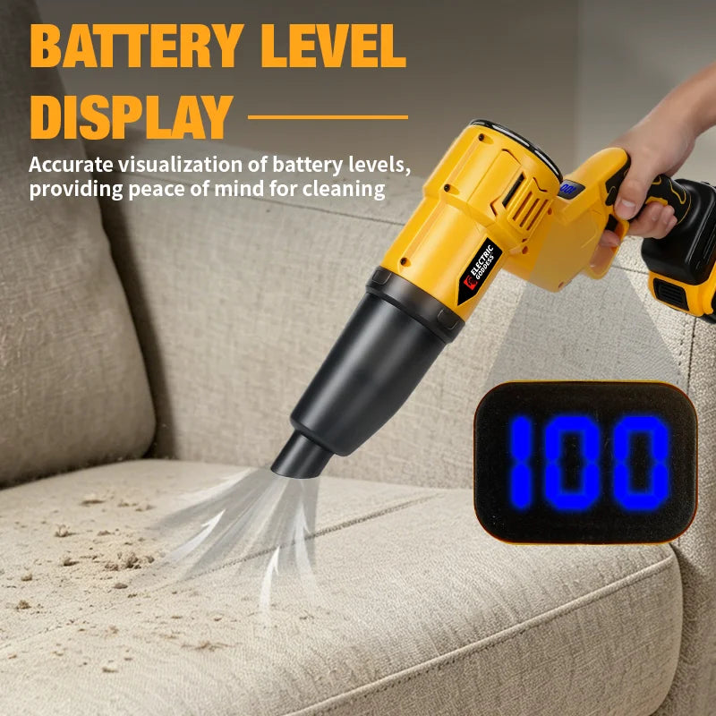 A yellow cordless cleaning tool with a digital battery level display showing 100% on a beige sofa.