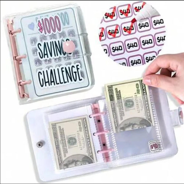 A clear plastic binder for a $1000 saving challenge with cash and notes inside.