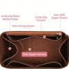A brown felt bag organizer insert showing various pockets including an umbrella pocket, main compartment, and anti-theft zipp