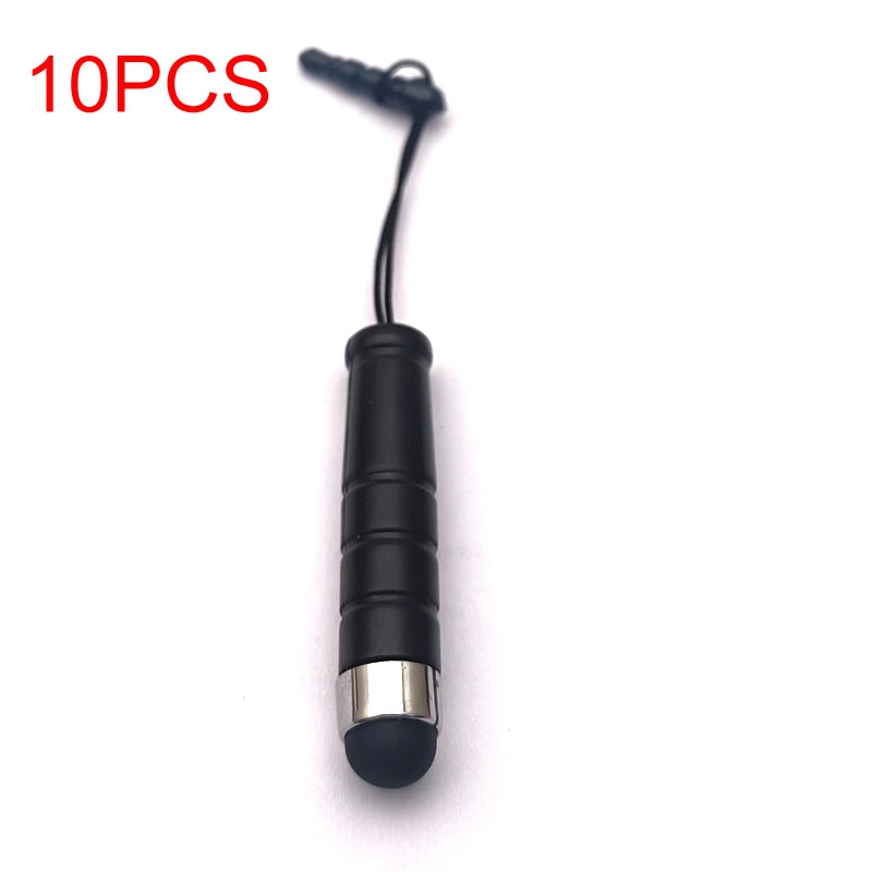 A black stylus pen with a silver tip and attached cord, shown against a white background.
