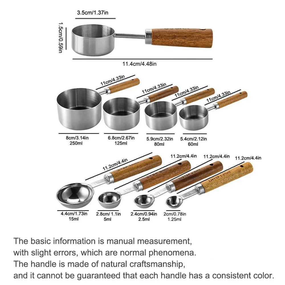 Stainless Steel Measuring Cup and Spoon Set with Wooden Handles