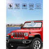 A red Jeep Wrangler shows a custom-fit windshield sunshade installed, demonstrating UV blockage and heat protection features.