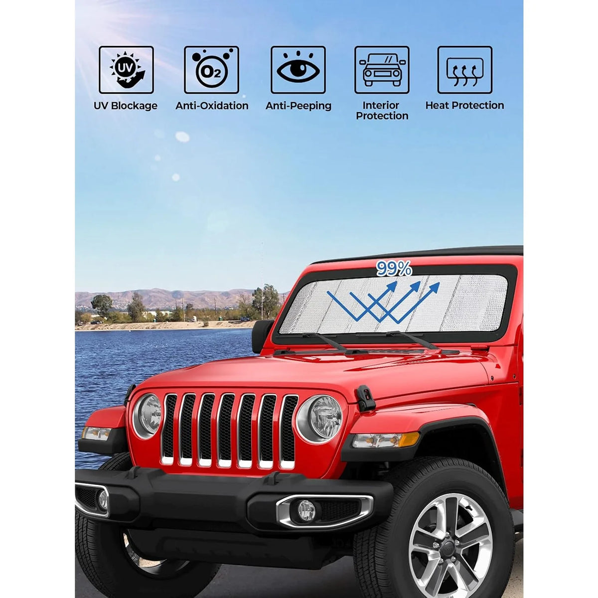 A red Jeep Wrangler shows a custom-fit windshield sunshade installed, demonstrating UV blockage and heat protection features.