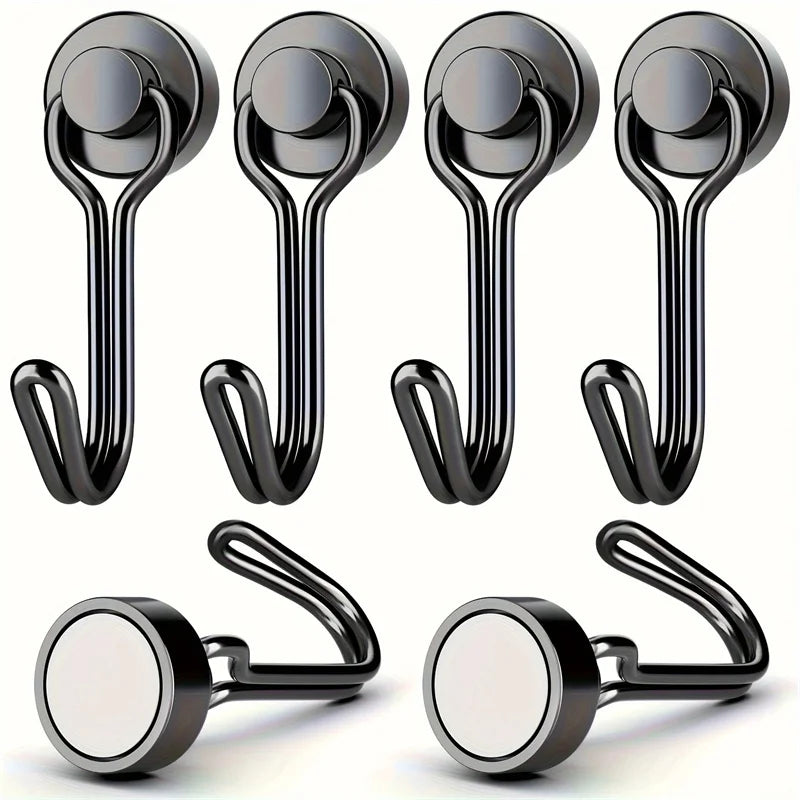 A set of heavy duty magnetic hooks in black metal, shown from various angles.