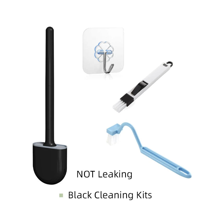 Black silicone toilet brush and wall mount holder for cleaning.