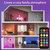 A multi-level interior room setup demonstrating the lighting capabilities of a rechargeable LED smart bulb with remote contro
