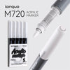 A close-up view of a Languo M720 acrylic marker set with white tips and a black body, showing the product packaging.
