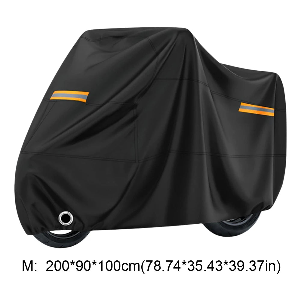 Housse de protection universelle pour moto noire, vue de côté, pour la pluie et le soleil.