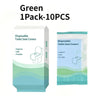 A package of 10 disposable toilet seat covers in green and blue packaging.