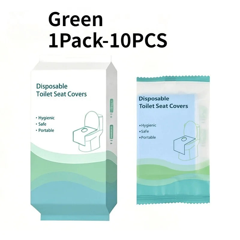 A package of 10 disposable toilet seat covers in green and blue packaging.