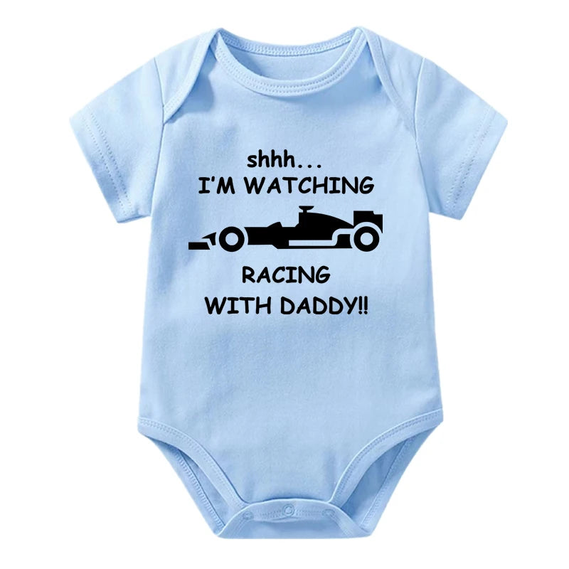Funny Racing Baby Bodysuit - 'Watching Racing with Daddy' Newborn Romper