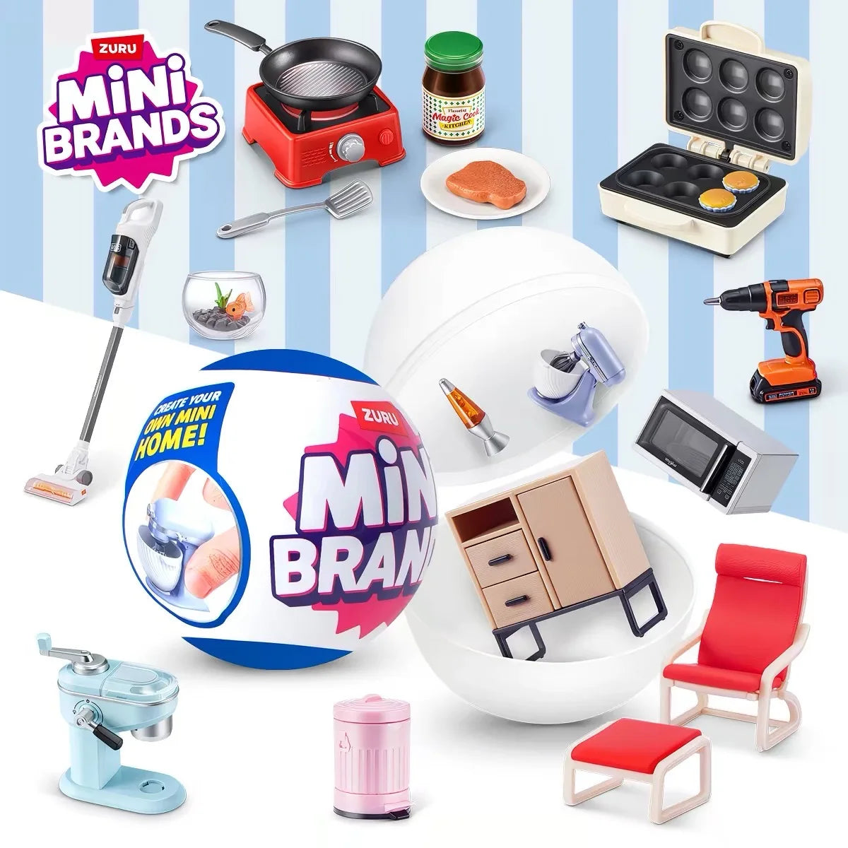 A collection of Mini Brands miniature furniture toys and accessories displayed on a white surface.