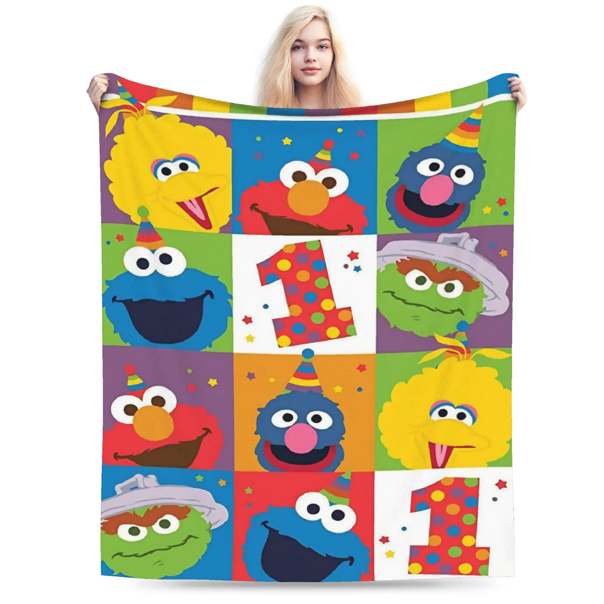 A colorful flannel throw blanket featuring characters from Sesame Street