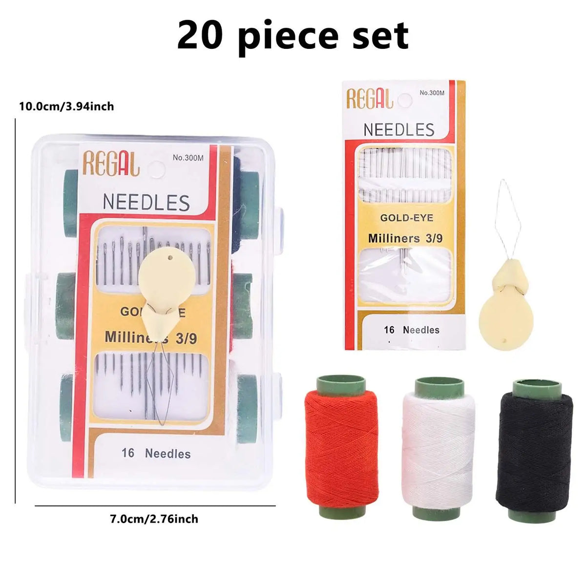 A 20 piece set of sewing needles and gold-eye milliners for heavy-duty fabrics