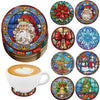 A set of eight DIY diamond art coasters featuring Christmas and winter designs on wooden bases.