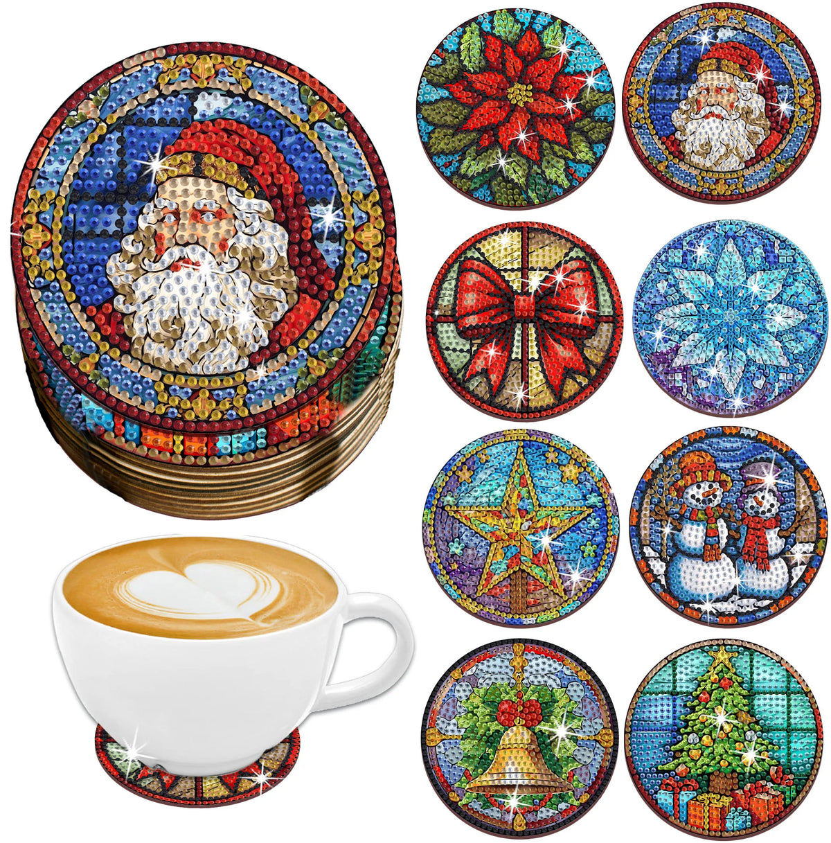 A set of eight DIY diamond art coasters featuring Christmas and winter designs on wooden bases.