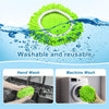 Three bright green replacement spin mop heads shown being used for hand wash and machine wash.
