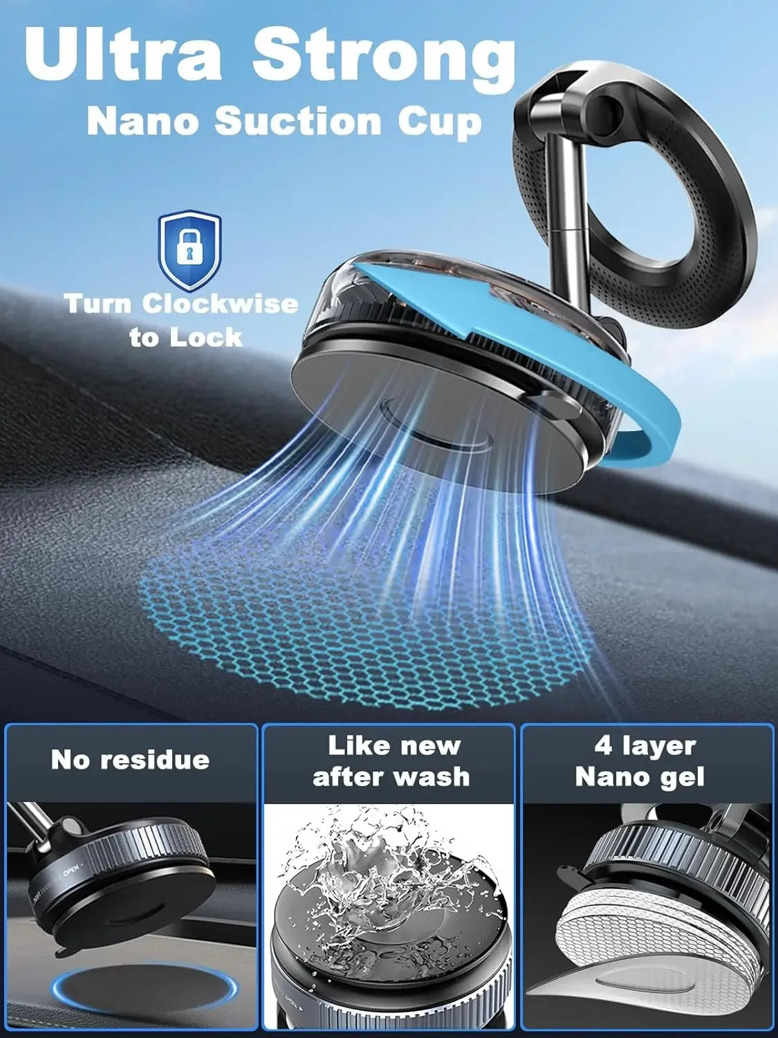 Ultra Strong Nano Suction Cup for phones, featuring a turn-to-lock mechanism and 4-layer nano gel.