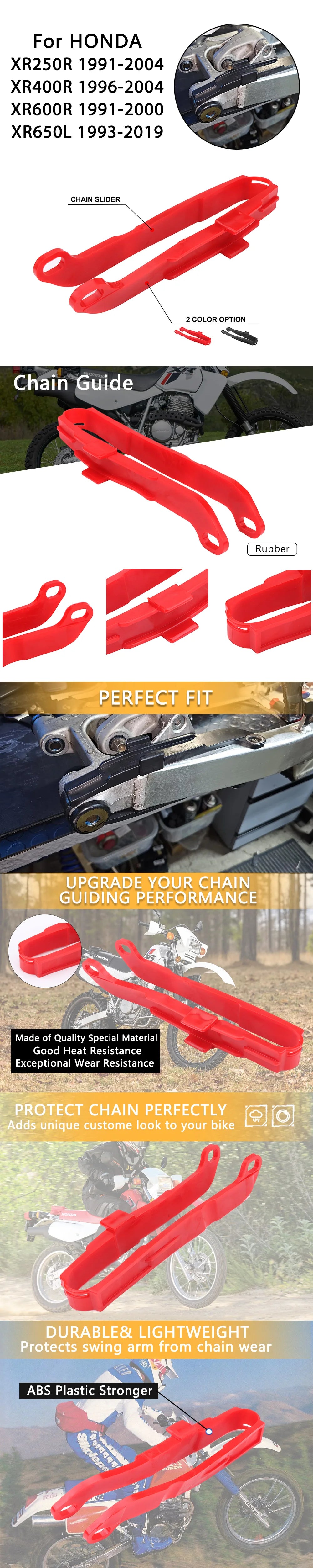 Red chain slider guide for Honda XR series motorcycles designed to upgrade chain guiding performance