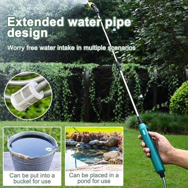 Une main tient un pulvérisateur de jardin avec une lance télescopique, démontrant son utilisation dans divers scénarios.