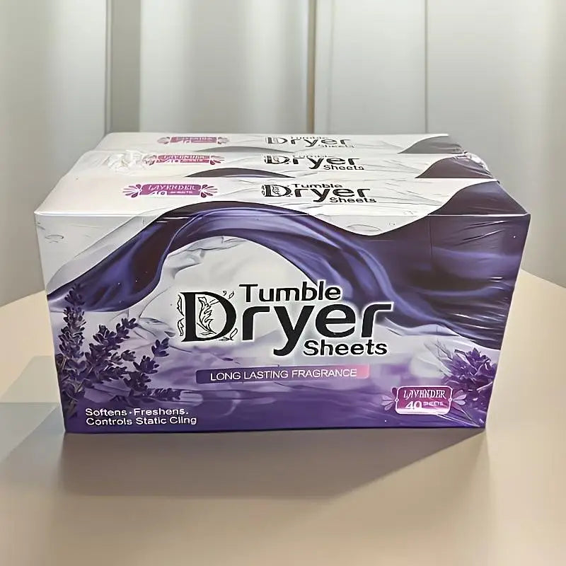 Box of Lavender dryer sheets with purple and white design for long lasting fragrance
